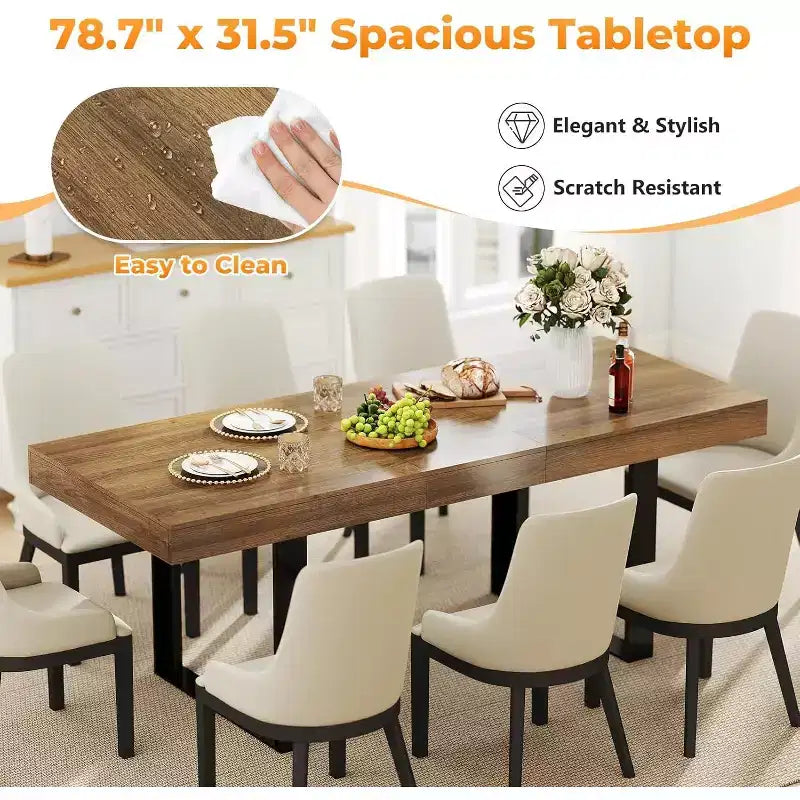 Tavolo da pranzo allungabile Zevemomo 63-78.7, tavolo rettangolare da cucina per 6-10 persone con guide metalliche e gambe affusolate a U, per sala da pranzo e ufficio - marrone