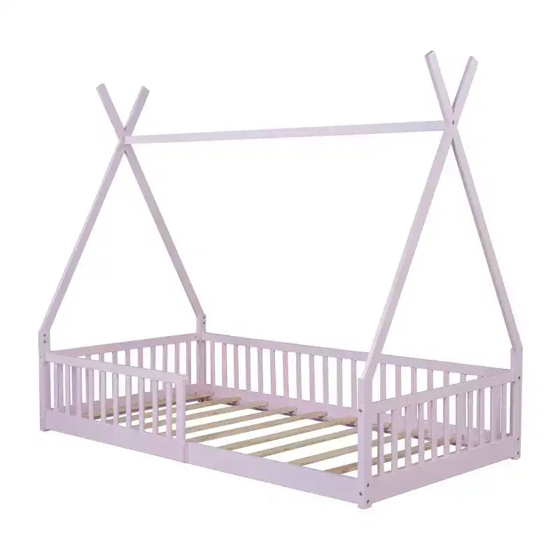 Vloerbed voor kinderen, tentbedden in eenpersoonsformaat, Montessori-vloerbed met latten en hekwerk, houten huisbedframe voor jongens en meisjes