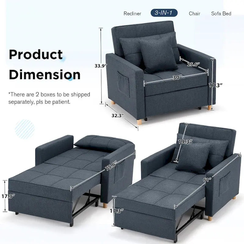 Fauteuil-lit réglable convertible 3-en-1, plusieurs couleurs, pour 1 personne
