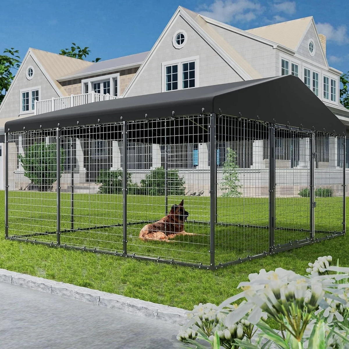 W 118 x T 118 x H 70 Große Hundehütte für den Außenbereich, robuster Hundekäfig mit wasserdichtem Dach