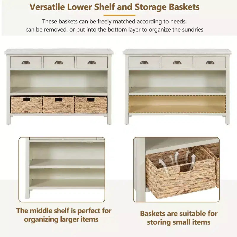 Tavolo consolle da ingresso con contenitore, tavolo da corridoio stile rustico con 3 cassetti e 3 cesti in giacinto d’acqua per soggiorno o ingresso - Panipeachy