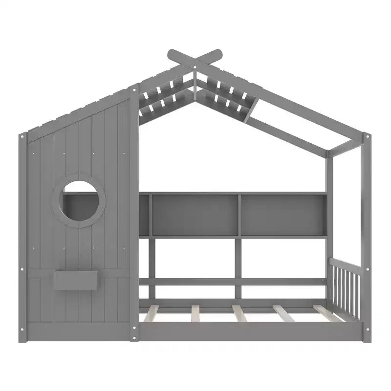 Bodenbett in Hausform für Kinder, Montessori-Spielhausbett mit Ablagefach und Dachdesign