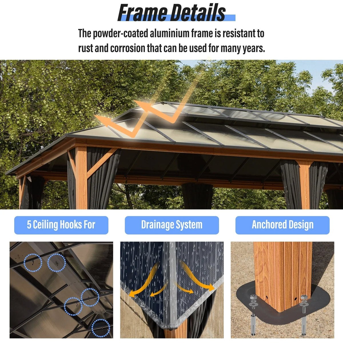 Gazebo EROMMY con tetto rigido, pergola da esterno con doppio tetto, rete e tende, copertura robusta per patio, giardino e feste in piscina