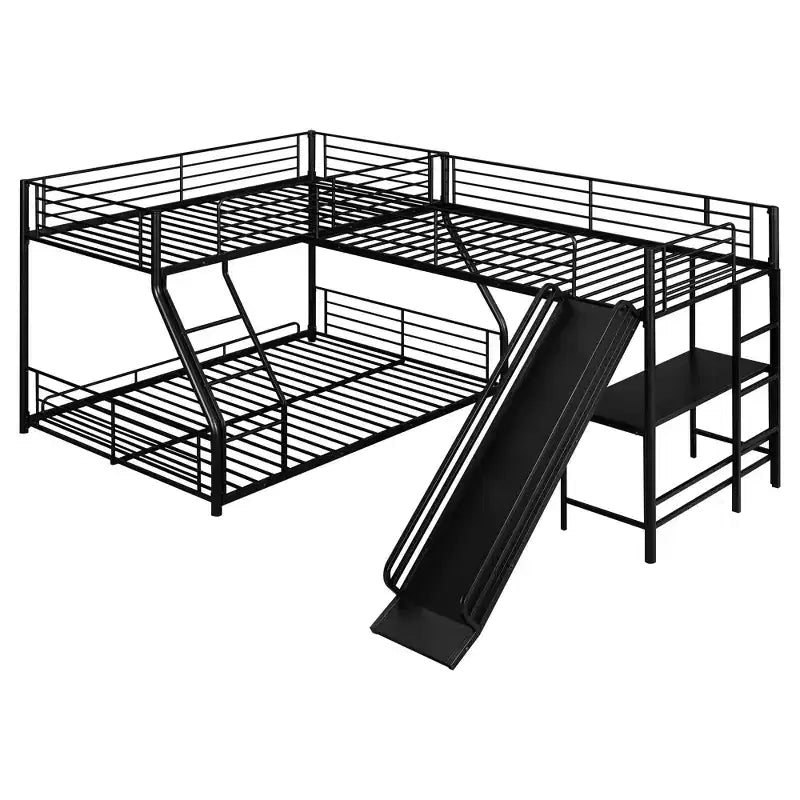Metall-Etagenbett mit Einzelbett oben und Doppelbett unten, L-förmiges Etagenbett für 3 Kinder, robustes dreistöckiges Etagenbett mit Schreibtisch und Rutsche, Schwarz