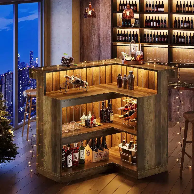 Bancone bar angolare a L Lantine per la casa, mobile da bar ad angolo a 4 ripiani con mensole e portabicchieri da vino per pub domestico