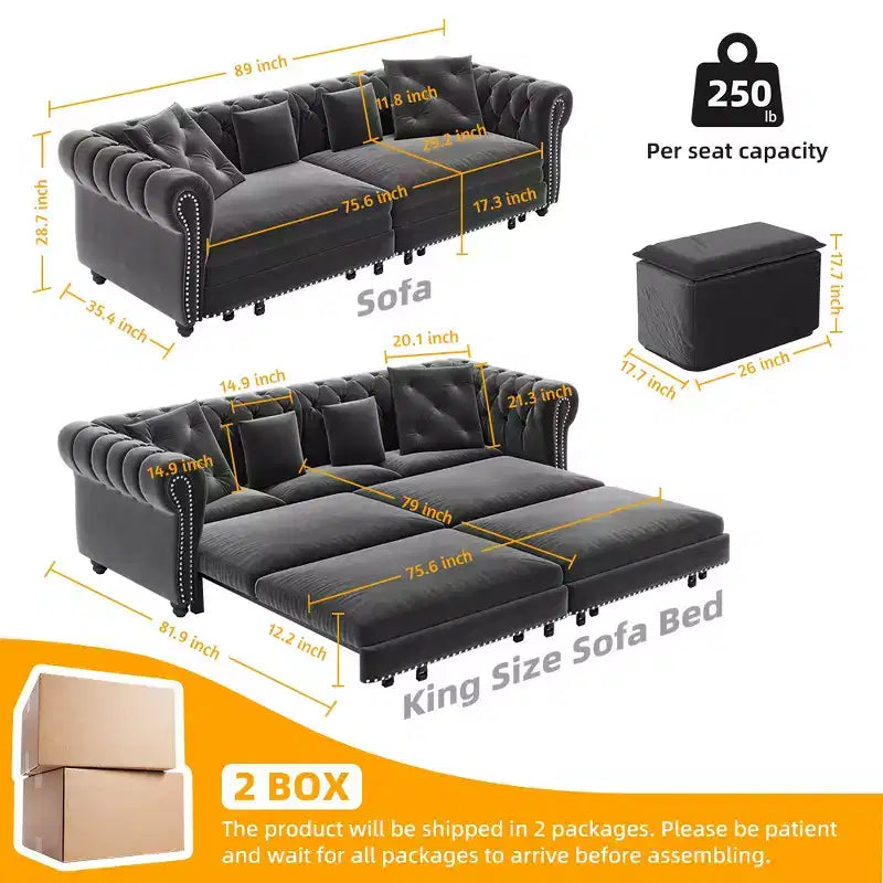 Canapé-lit convertible 3-en-1 Whisen en velours, format king size, avec pouf mobile, design capitonné