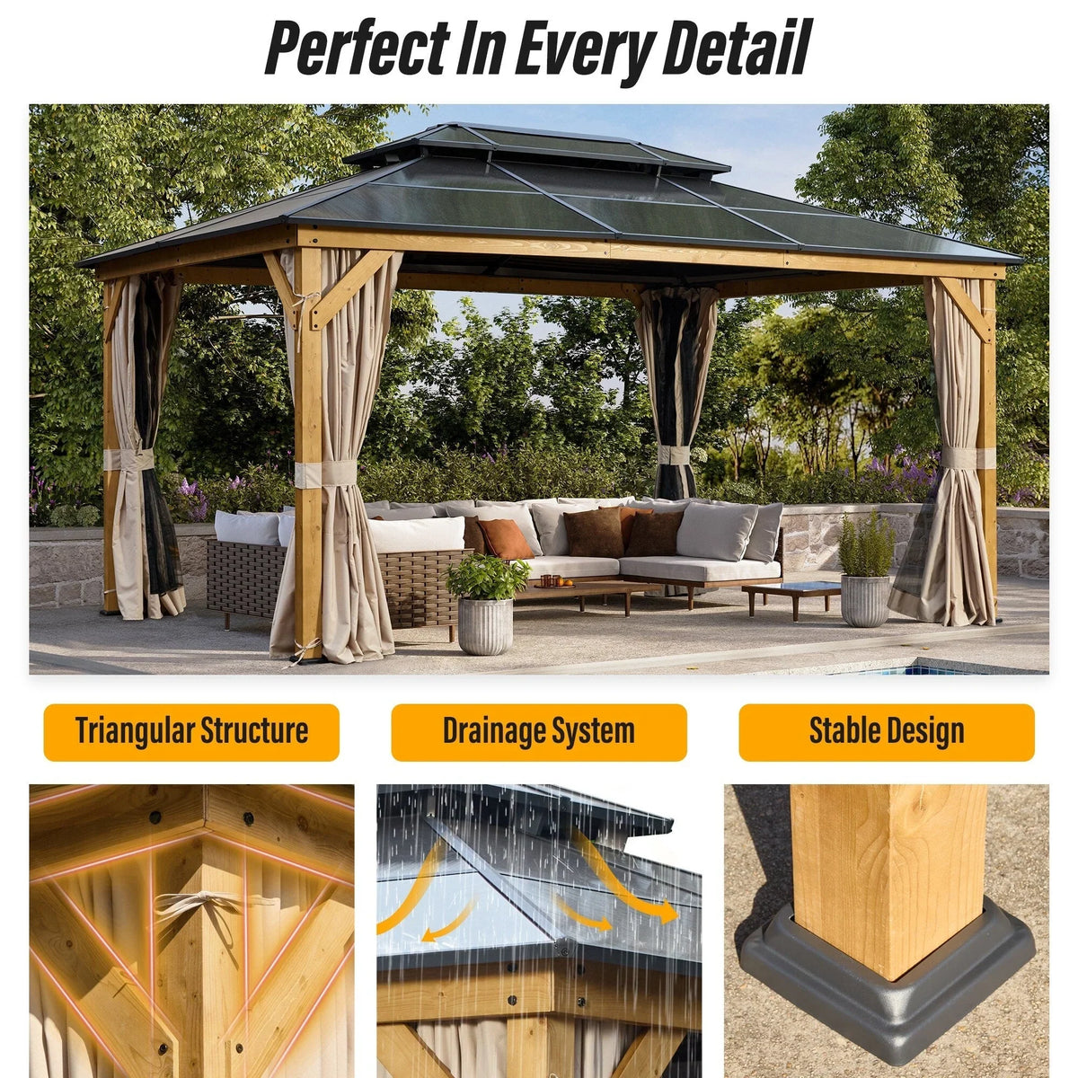 Gazebo EROMMY con tetto rigido, pergola da esterno con doppio tetto, rete e tende, copertura robusta per patio, giardino e feste in piscina