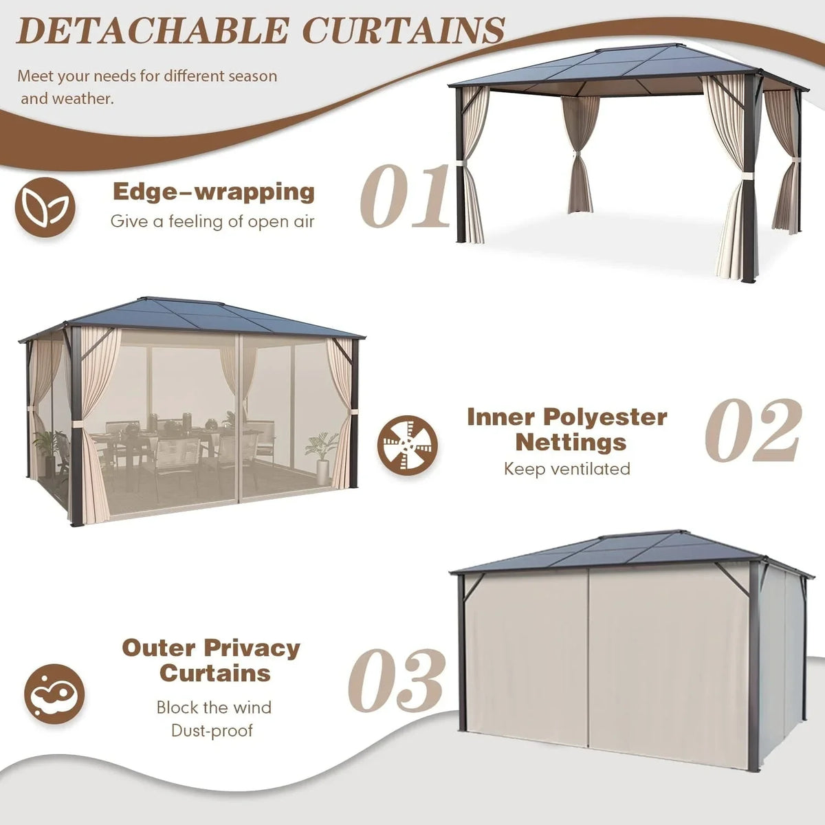 Gazebo EROMMY con tetto rigido, pergola da esterno con doppio tetto, rete e tende, copertura robusta per patio, giardino e feste in piscina