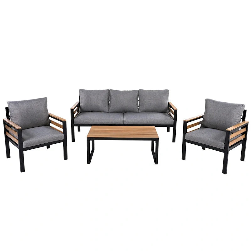 Ensemble de canapé d'extérieur 4 pièces pour 5 personnes, avec table basse en bois massif et coussins amovibles