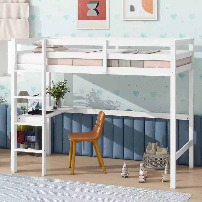 Okak minimalistisch hoogslaper met ladder, hoogslaper van rubberhout voor één persoon met veiligheidsreling en ingebouwd bureau, bedframes voor kinderen en tieners