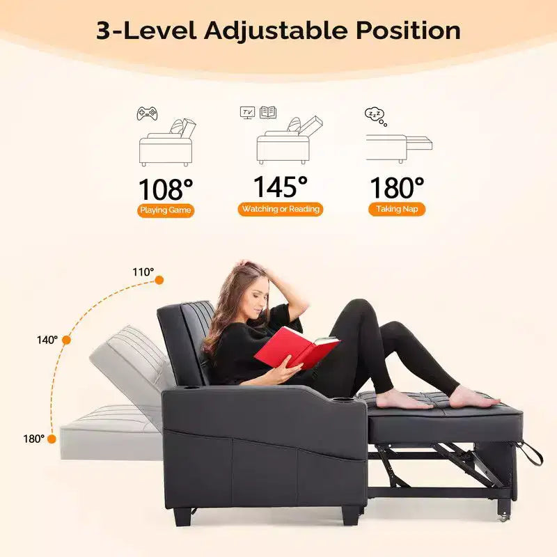 Gepolsterte, umwandelbare Schlafcouch mit Relaxfunktion aus Cat's-Claw-Leder, Kissen inklusive, für kleine Räume