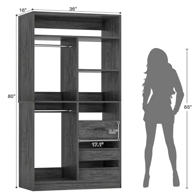 Closet Organizer with Wood Drawers, Freestanding Closet System with Hanging Rods