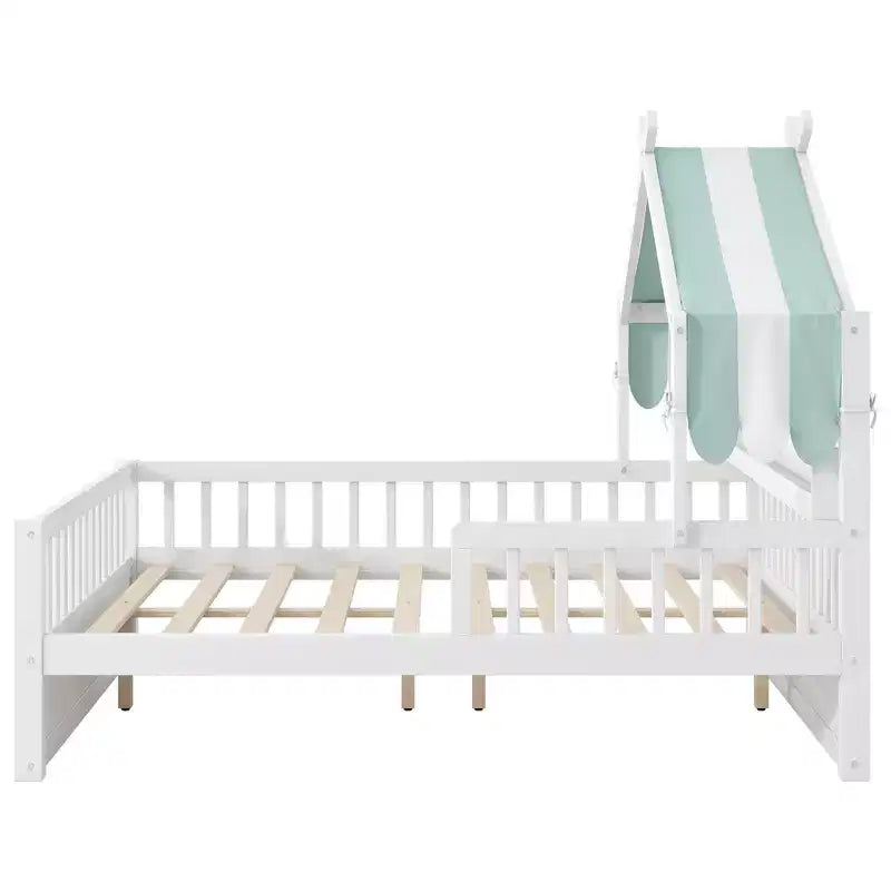 ModernLuxe houten huisbed in twin-/full-size met opbergvak in het hoofdbord, bedframe van massief grenenhout voor kinderen met veiligheidsleuningen