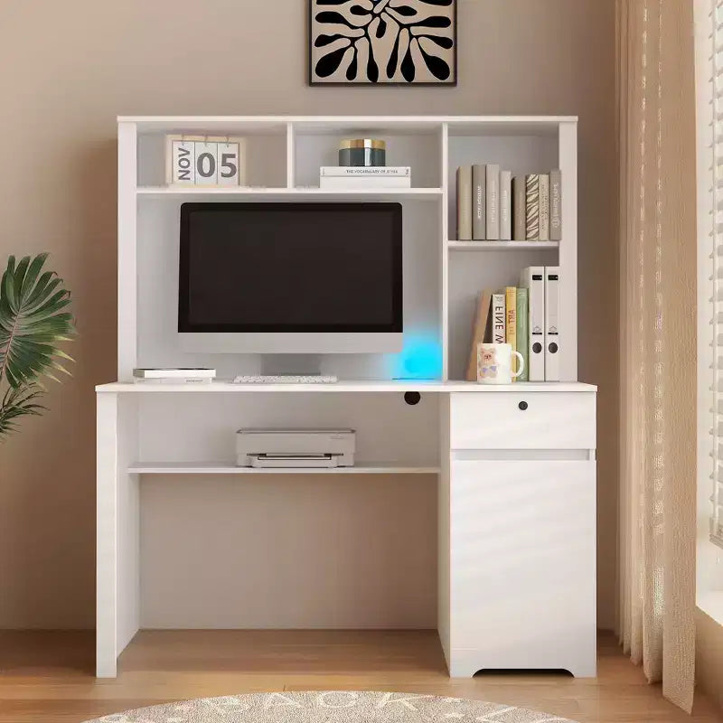 Moderne computerbureau van 51.18IN met opzetkast en boekenplank, bureau met veel opbergruimte, schrijftafel voor studeerkamer en leesruimte