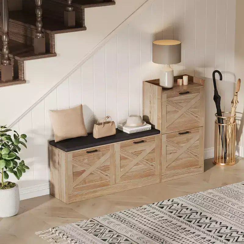 Banc avec 4 tiroirs rabattables et coussin d'assise rembourré, meuble étroit en bois pour ranger les chaussures, idéal comme banc d'entrée pour le salon