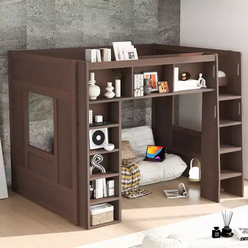 Struttura letto a soppalco in legno Whisen Queen Size con armadietti e ripiani contenitori