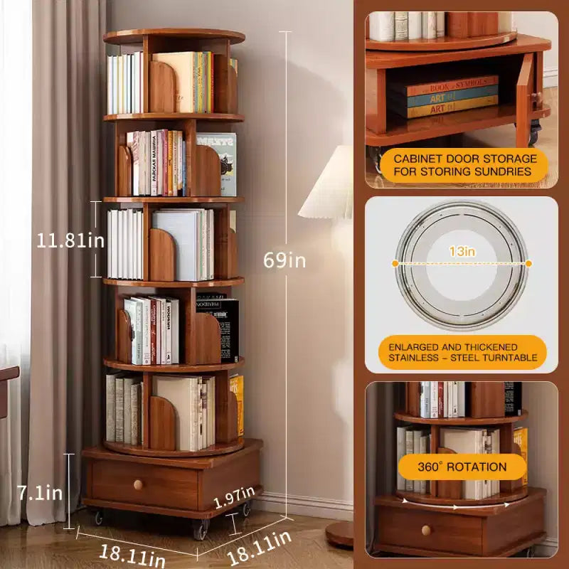 Libreria angolare girevole a 360° Chic Crate a 6 ripiani con ruote, libreria stretta per spazi ridotti, marrone noce