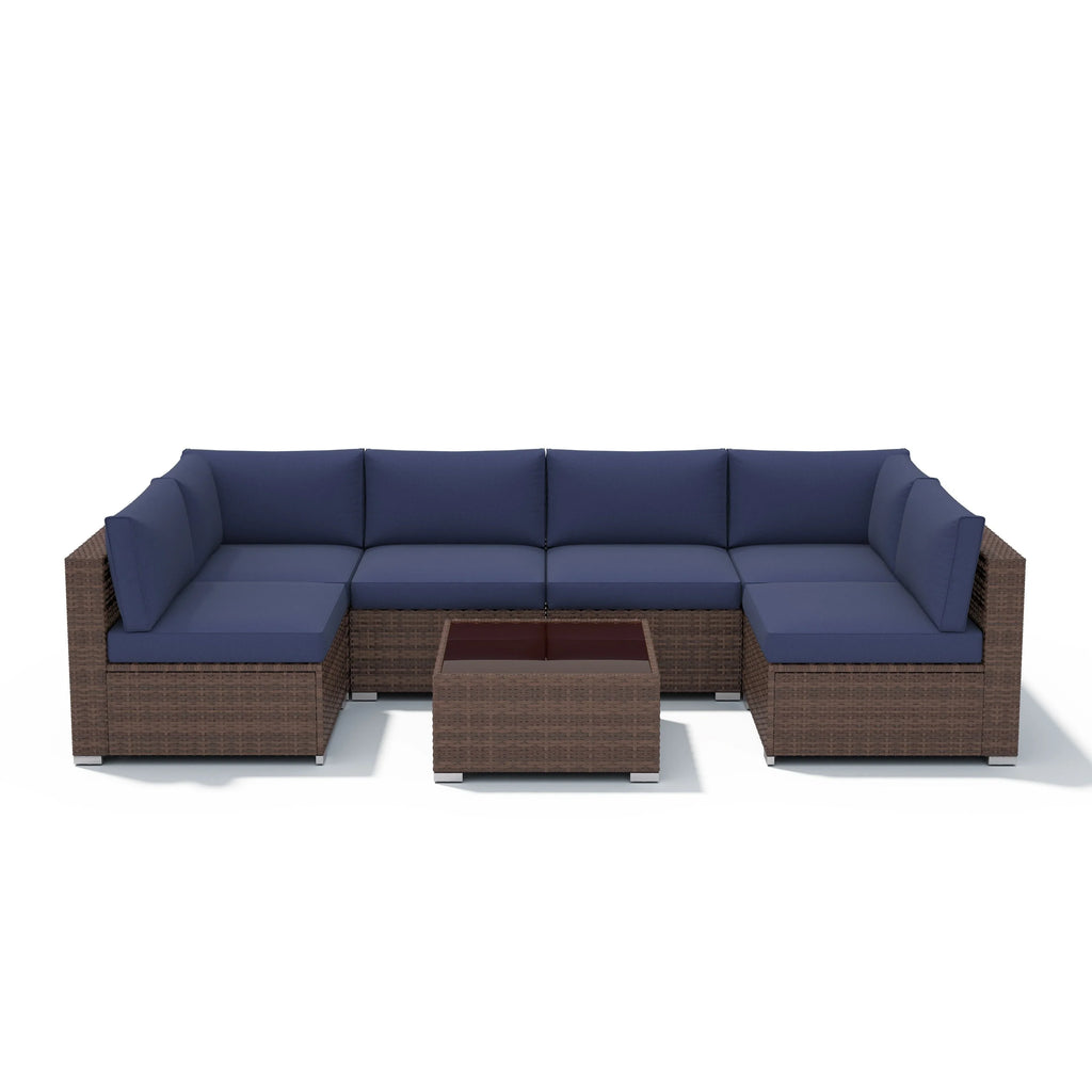 7-teiliges Outdoor-Ecksofaset aus Rattan und Stahl mit Kissen