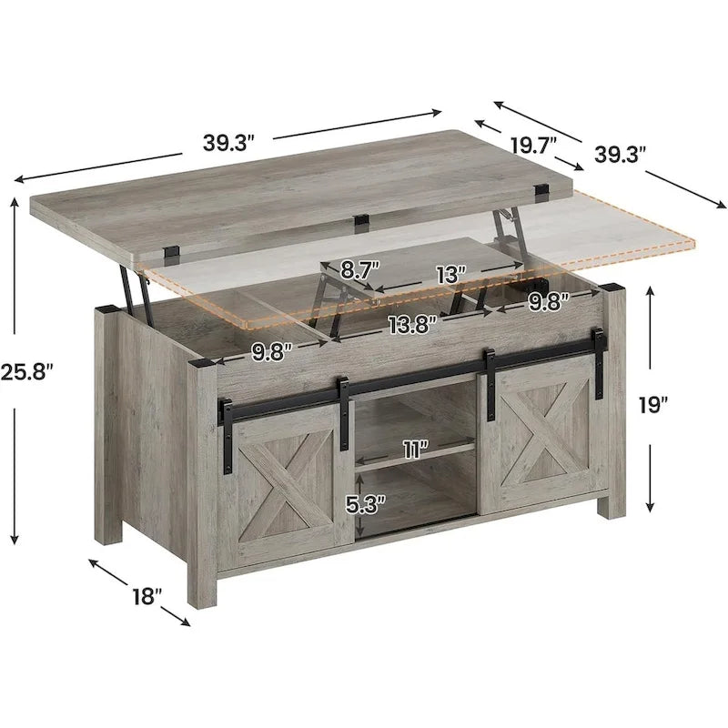 Table basse relevable avec 2 portes coulissantes de style grange, rangement et table à manger
