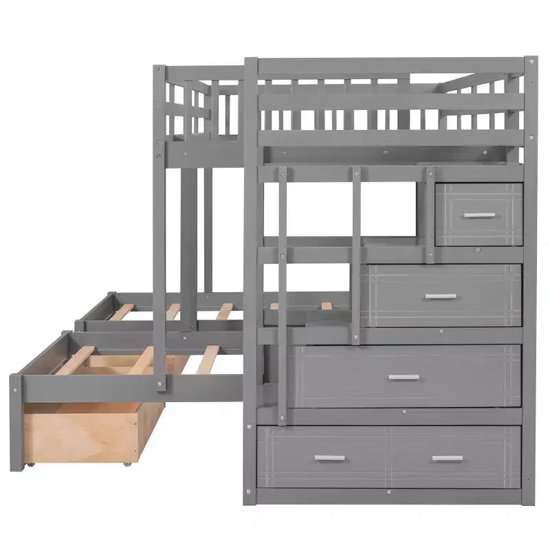 Lit superposé Whisen avec lit double au-dessus de deux lits simples, en bois, avec tiroirs et barrières de sécurité