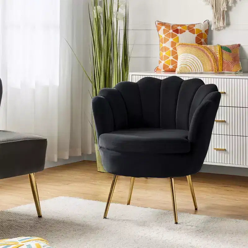 Fauteuil tonneau confortable avec pieds en métal doré, fauteuil d’appoint pour le salon