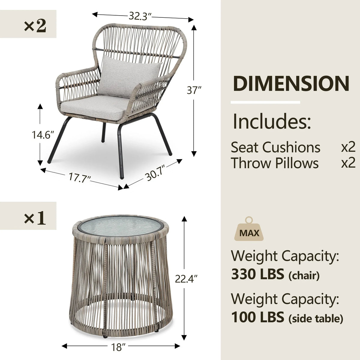 Ensemble bistro de jardin en osier de 3 pièces, ensemble de fauteuils de patio en rotin toutes saisons avec coussins
