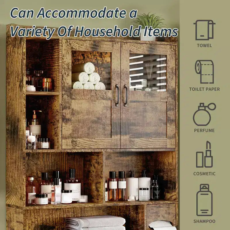 Mobile contenitore sopra il WC - 67.4 H, organizer e contenitore da bagno in stile rustico con ripiano regolabile e anta in vetro per bagno e lavanderia