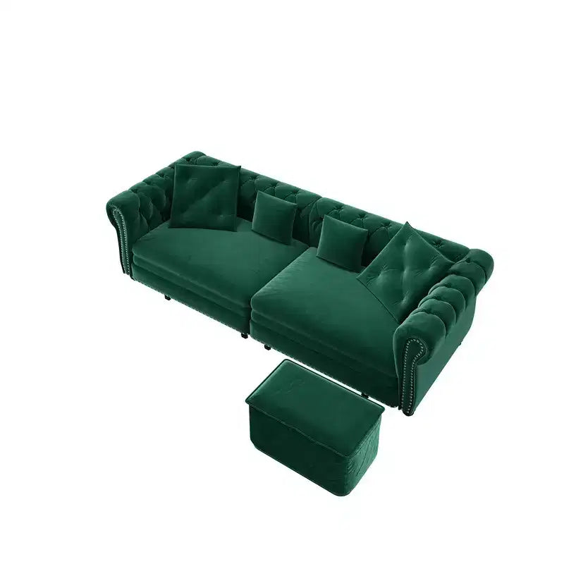 Canapé-lit convertible 3-en-1 Whisen en velours, format king size, avec pouf mobile, design capitonné