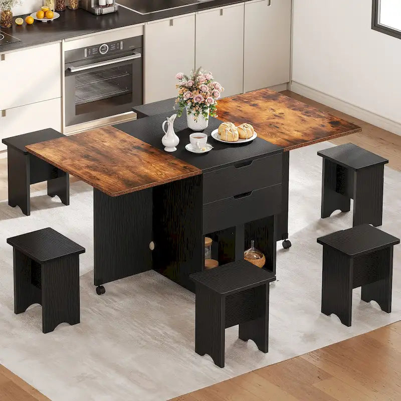 Set da pranzo pieghevole Moasis da 5 o 7 pezzi, con tavolo a ribalta e sgabelli contenitore per un massimo di 6 persone