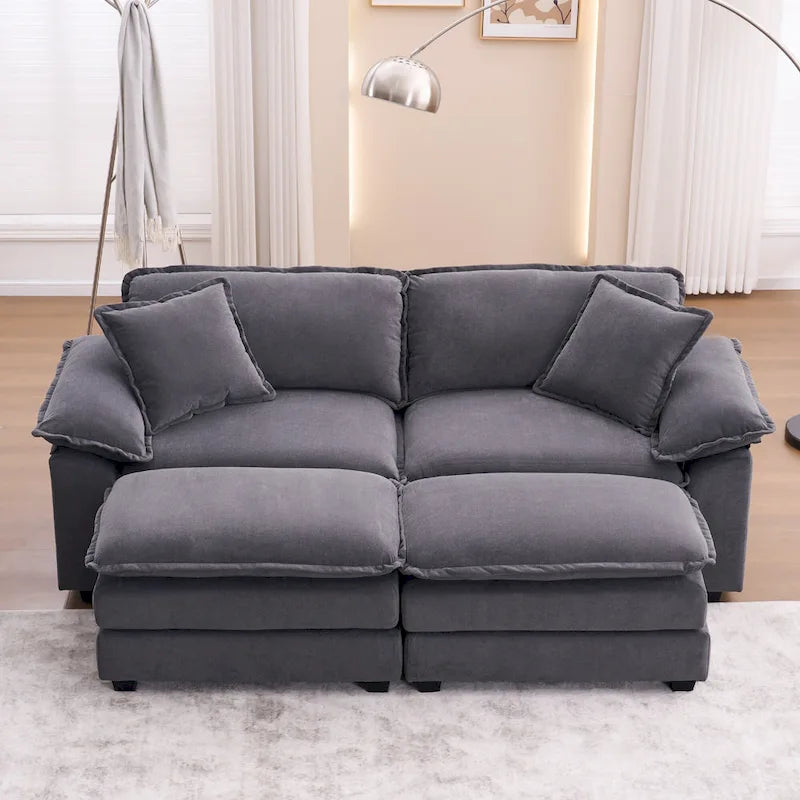 2-Sitzer-Sofa mit 2 Sitzkissen, 2 Kissen und 2 Hockern, bequemes Sofa - tiefes Sofa fürs Wohnzimmer, modulares Sofa
