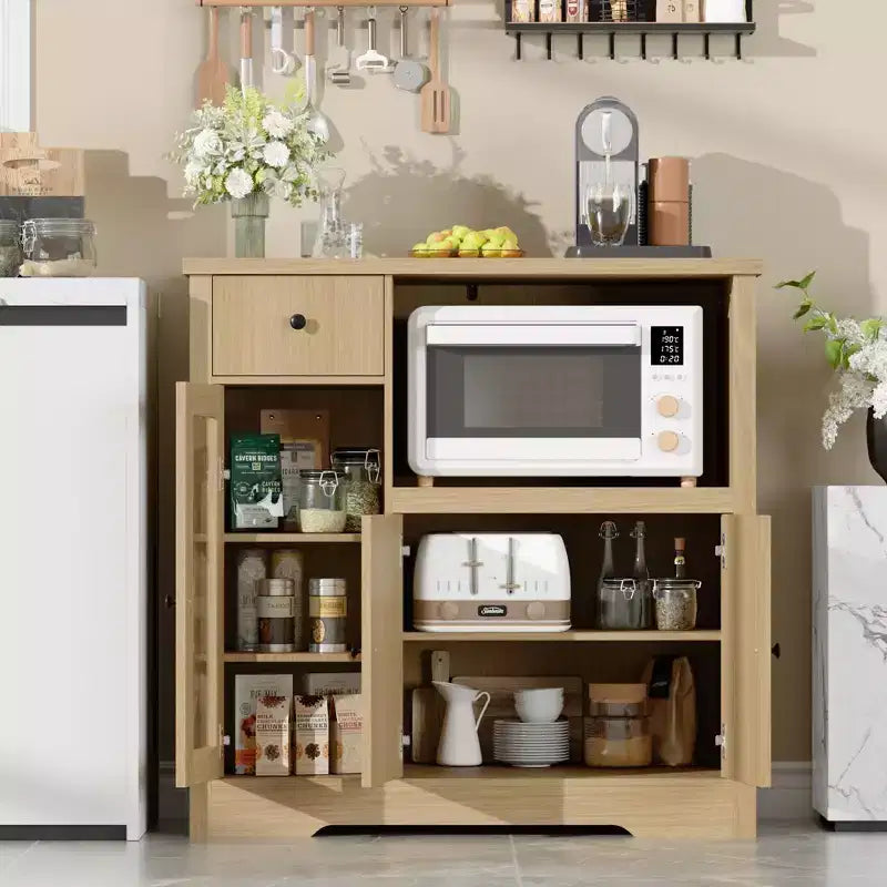 Mobile da cucina per microonde con vani contenitori, 3 ante, 1 cassetto e ripiani regolabili, dispensa