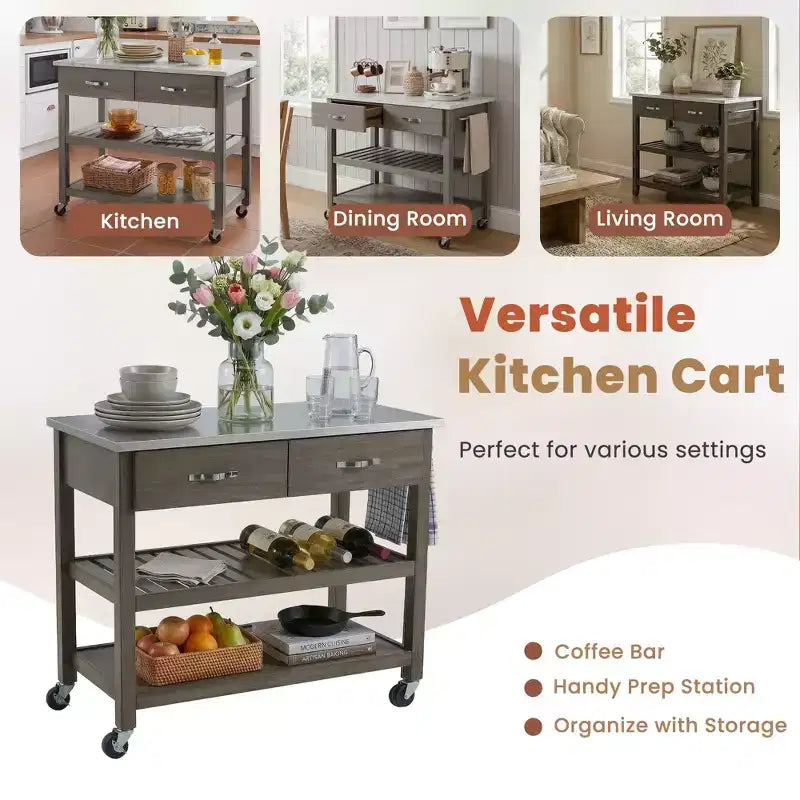Verrijdbare keukentrolley met marmeren blad, kookeiland van massief hout met 2 lades, keukentrolley met 3 niveaus, vergrendelbare afneembare wielen en handdoekrek