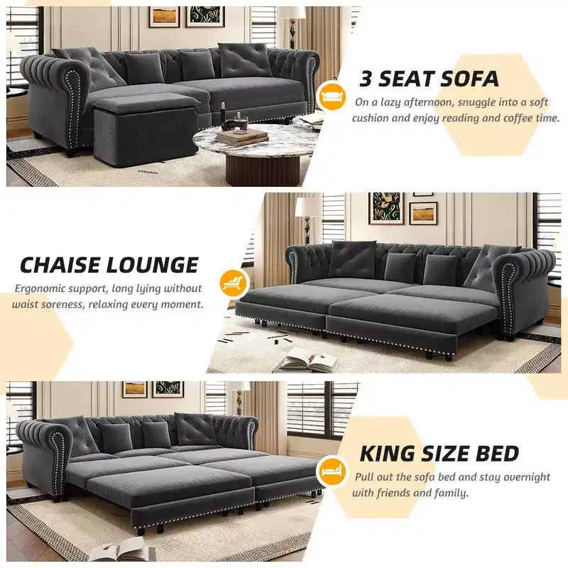 Canapé-lit convertible 3-en-1 Whisen en velours, format king size, avec pouf mobile, design capitonné