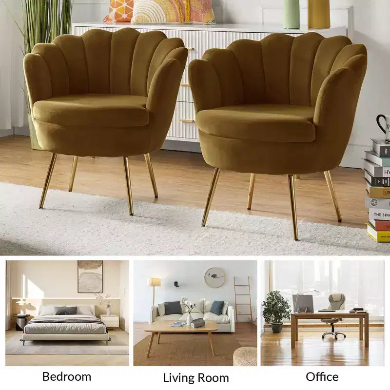 Fauteuil tonneau confortable avec pieds en métal doré, fauteuil d’appoint pour le salon