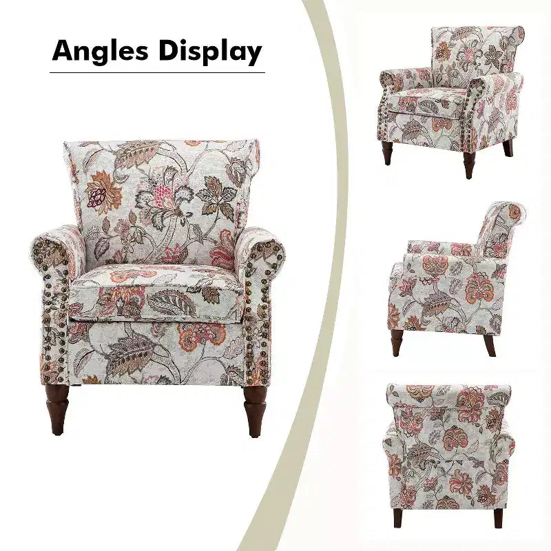 Araceli traditioneller gepolsterter Holzsessel mit Blumenmuster, Ohrenlehnen und Ziernägeln | ART OF LIVING DESIGNS