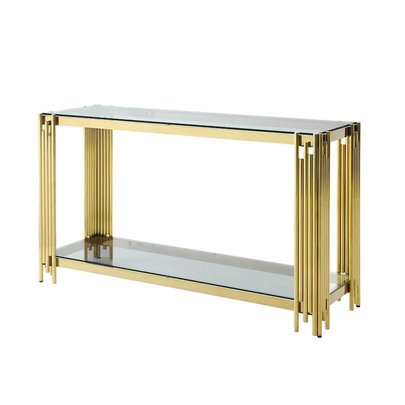 Table console étroite à 2 niveaux avec structure métallique finition or et plateau en verre trempé