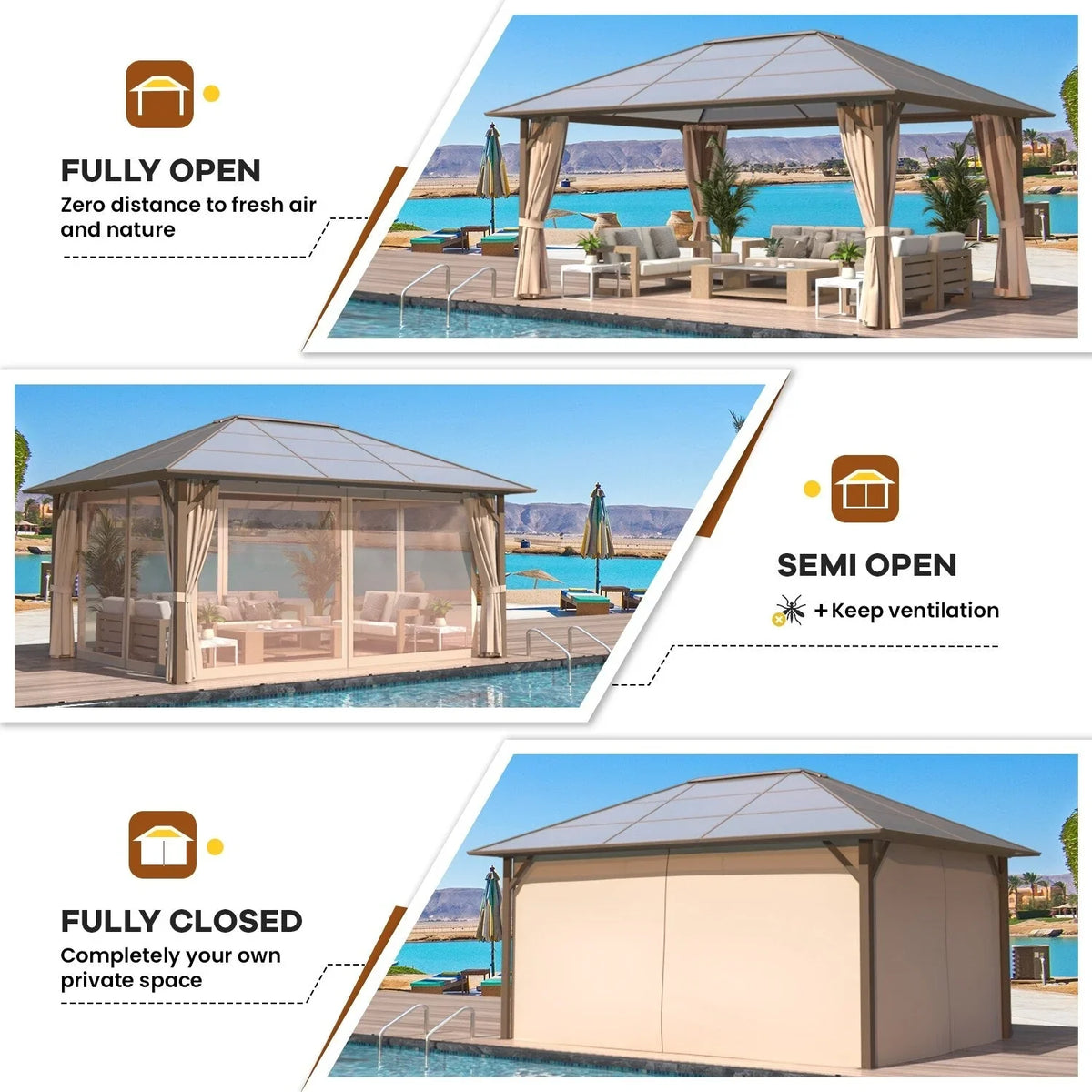 Gazebo EROMMY con tetto rigido, pergola da esterno con doppio tetto, rete e tende, copertura robusta per patio, giardino e feste in piscina