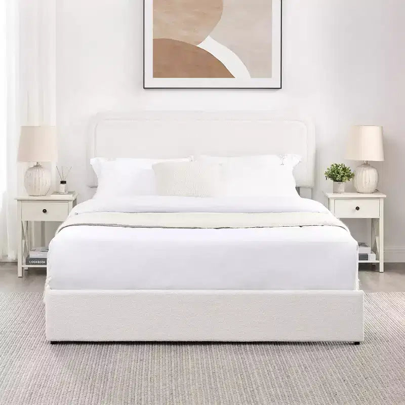 Lit moderne grand format queen en tissu bouclé avec tiroirs de rangement