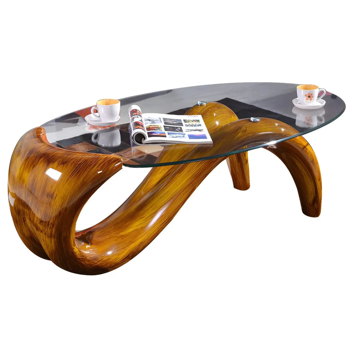 Moderner ovaler Couchtisch mit Glasplatte und Metallgestell im abstrakten Design