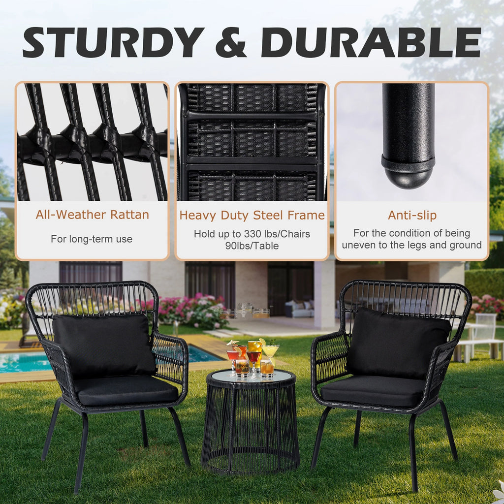 Ensemble bistro de jardin en osier de 3 pièces, ensemble de fauteuils de patio en rotin toutes saisons avec coussins