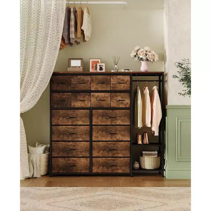 Commode avec 16 tiroirs, tringle de penderie et étagères, organisateur de rangement en tissu pour chambre, placard ou entrée