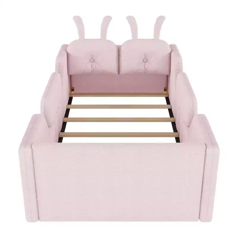 Lit plateforme simple Whisen, cadre de lit rembourré pour enfant au ras du sol avec coussin lapin et barrières latérales amovibles