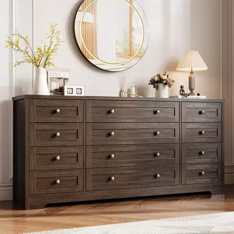 Cassettiera in legno con 12 cassetti per camera da letto, credenza TV moderna e larga per TV da 65 pollici, cassettiera in legno, contenitore in stile rustico per il soggiorno