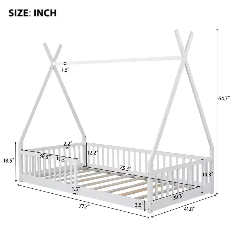 Vloerbed voor kinderen, tentbedden in eenpersoonsformaat, Montessori-vloerbed met latten en hekwerk, houten huisbedframe voor jongens en meisjes