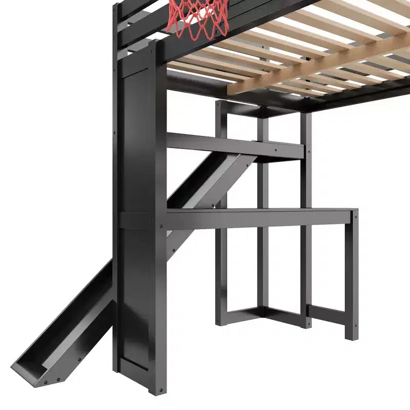 Lit mezzanine complet en bois Luxystar avec bureau, toboggan, panier de basket et escalier de rangement pour enfants et adolescents