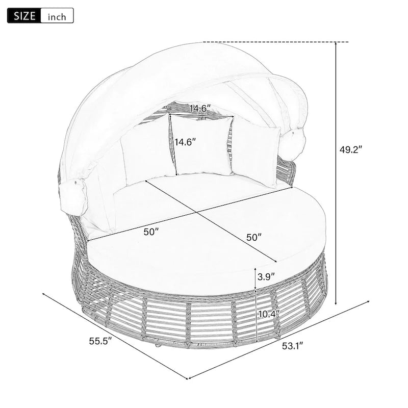 Daybed rotondo da esterno in rattan con tettoia e cuscini rimovibili