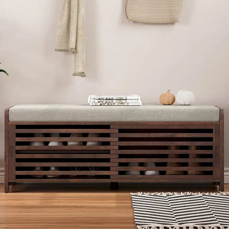 Banc de rangement en bois massif de 43.30 pouces avec persiennes vieillies contemporaines