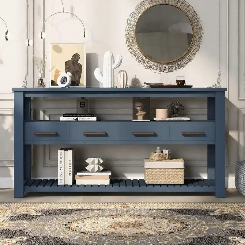Longue table console pour entrée et canapé avec tiroirs, table console de style rustique en bois avec 4 tiroirs et 2 étagères