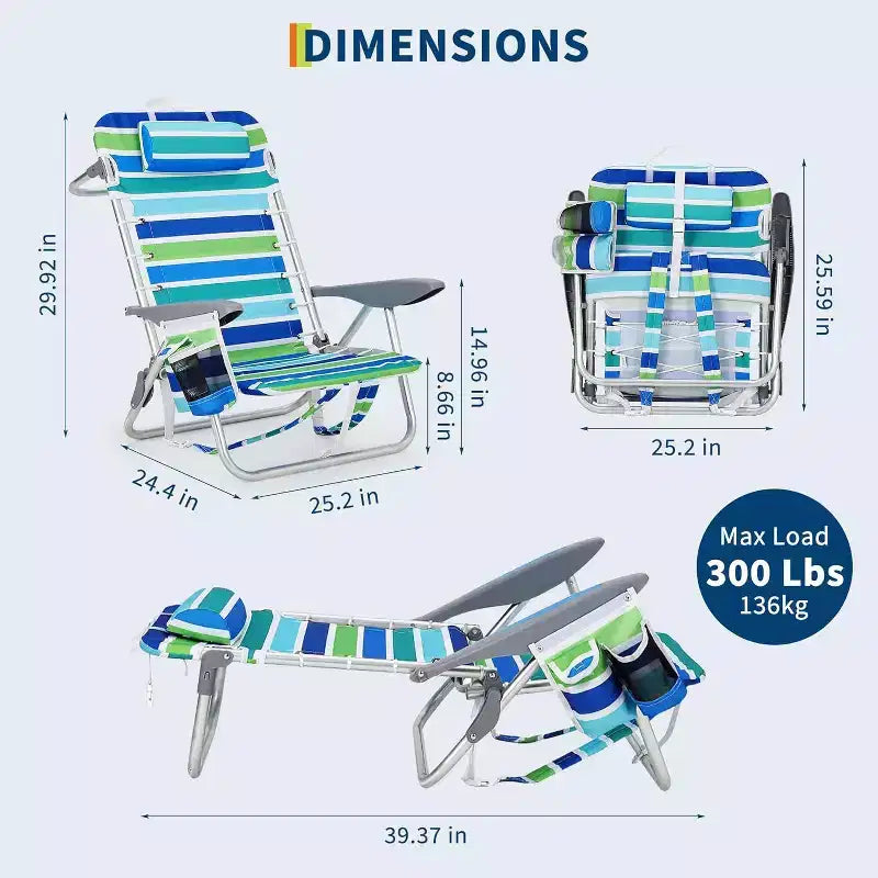 Set di 2 sedie da spiaggia leggere a zaino Acekool, reclinabili e pieghevoli in 5 posizioni, per adulti, con cinghie, portabicchiere e barra portasciugamano, supportano fino a 300 lbs
