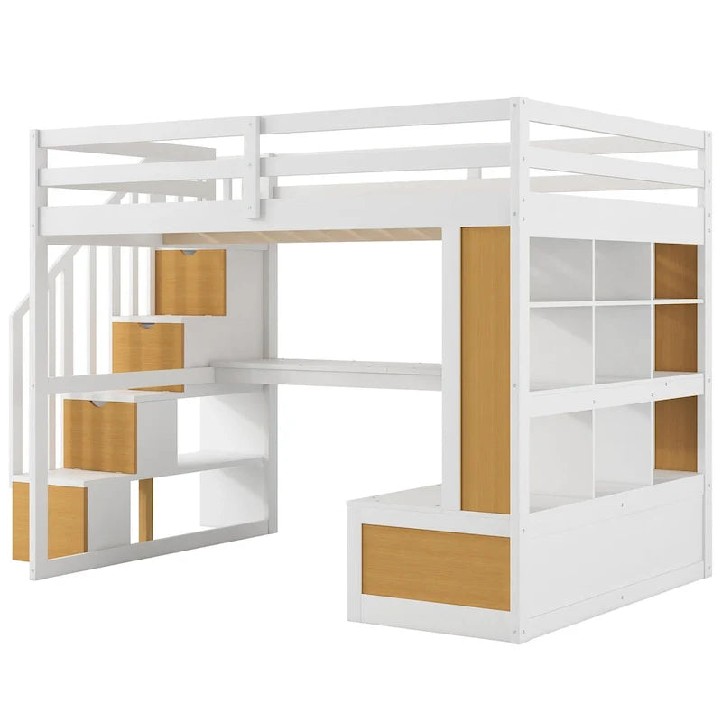Letto a soppalco in legno massello, naturale e bianco, per letto matrimoniale piccolo, con scrivania e cassetti